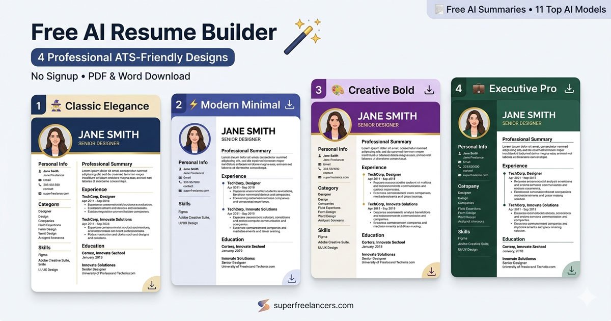 Free AI resume builder showing four professional resume templates: Classic Elegance, Modern Minimal, Creative Bold, and Executive Pro